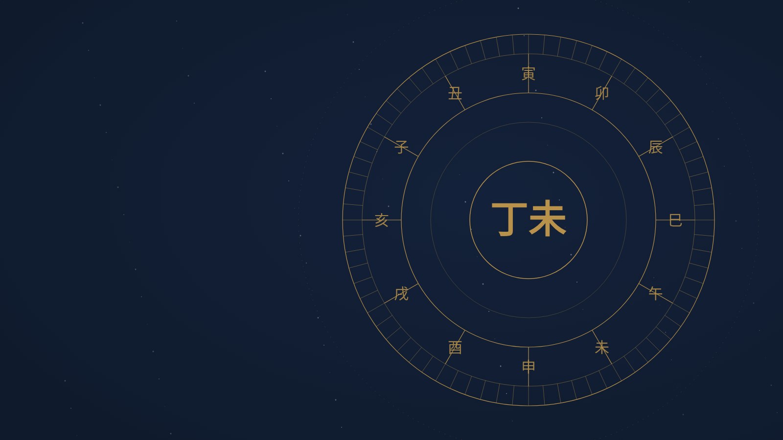 A gold-line twelve-month calendar wheel on midnight navy
