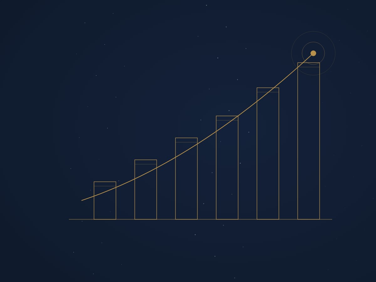 Gold-line rising columns and an upward arc on midnight navy