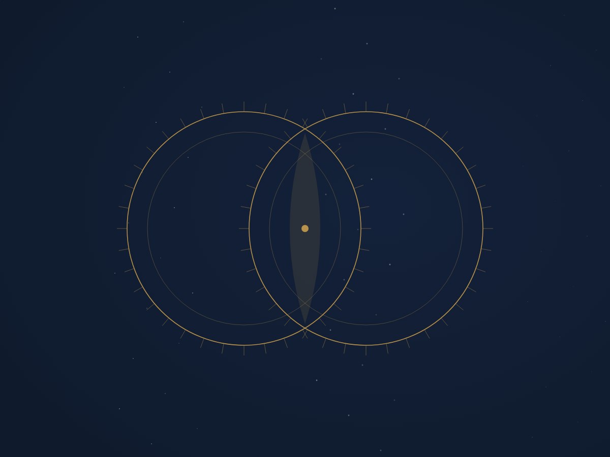 Two interlocking gold-line rings on midnight navy