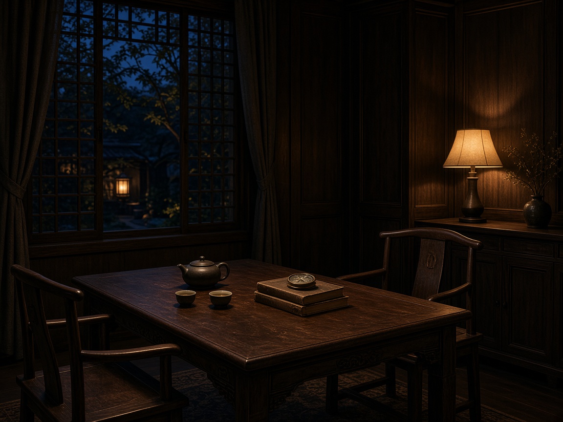 A quiet, lamp-lit study with a tea set