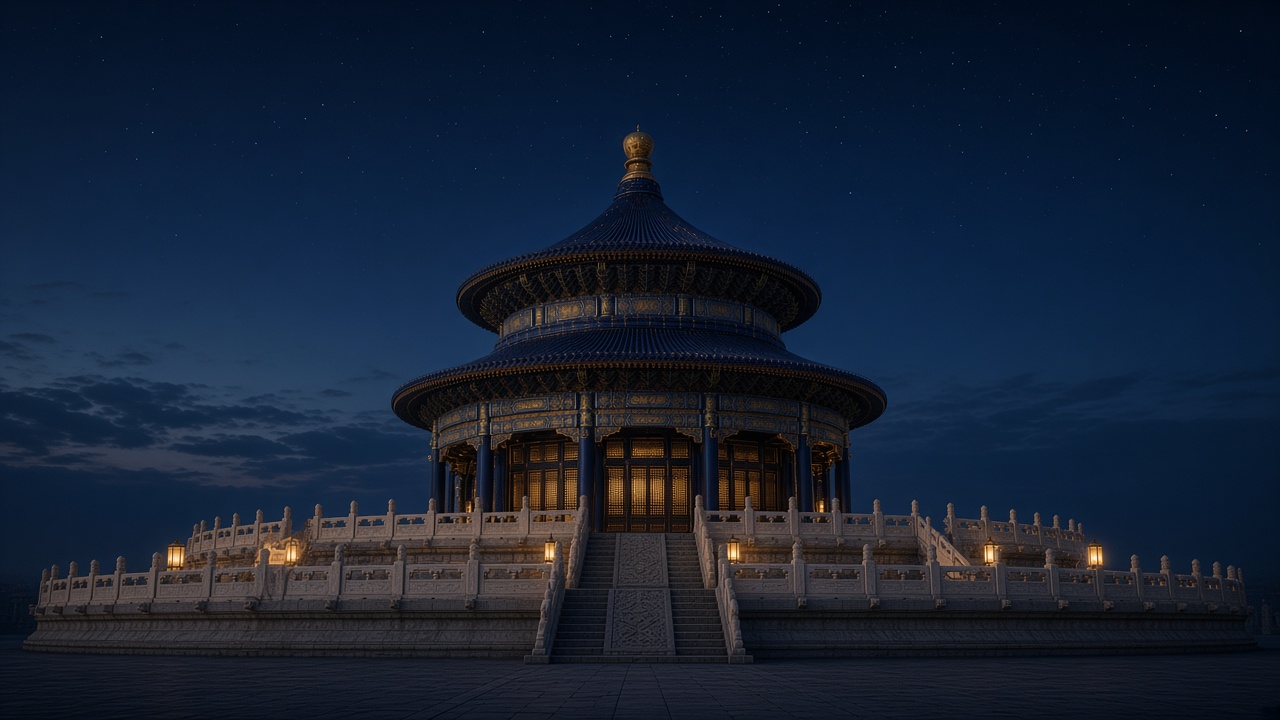 A symmetrical temple hall lit by lanterns at night