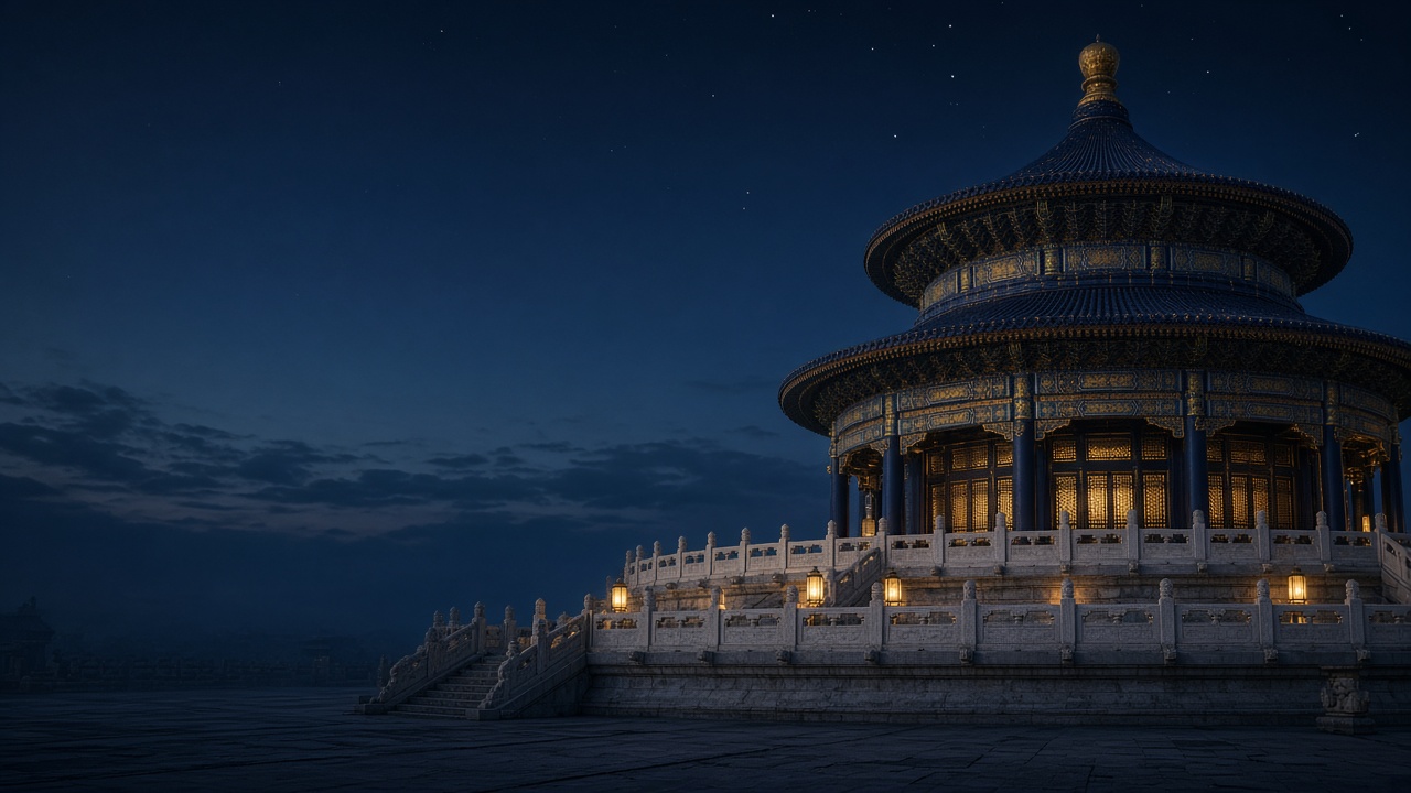A round temple hall lit by lanterns at night