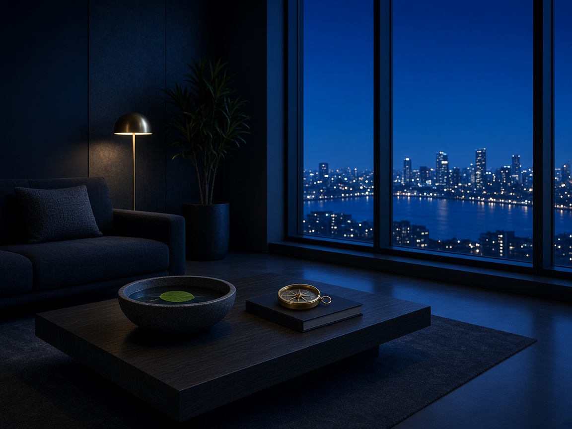 A calm, lamp-lit living room at night with a city view