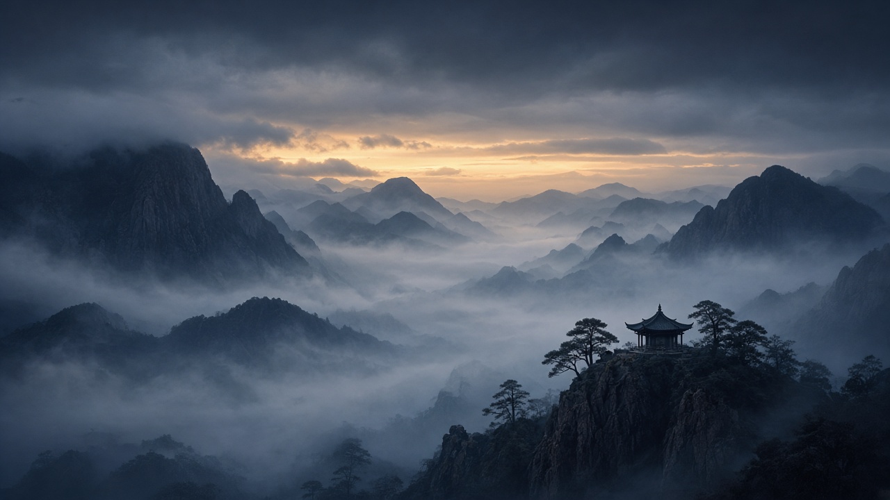 Mist drifting between mountain peaks at dusk, a small pavilion on a ridge