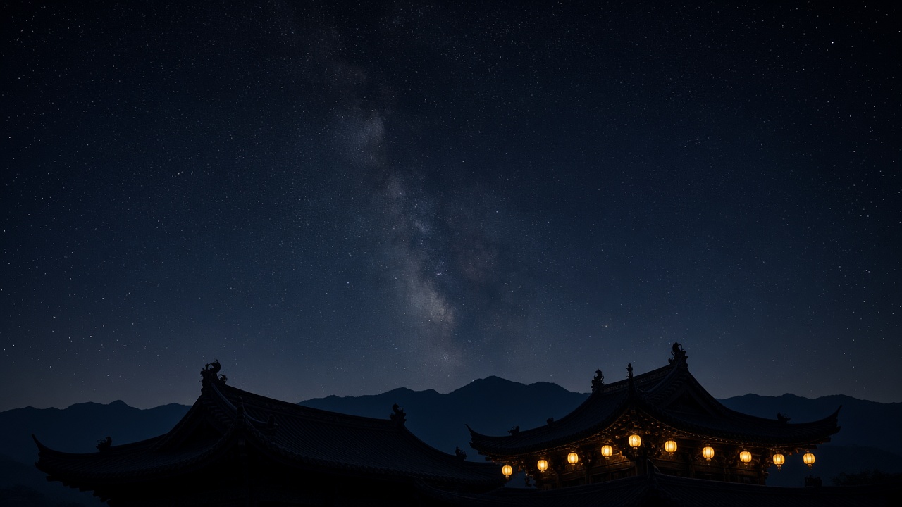 Temple rooftops under a starry night sky