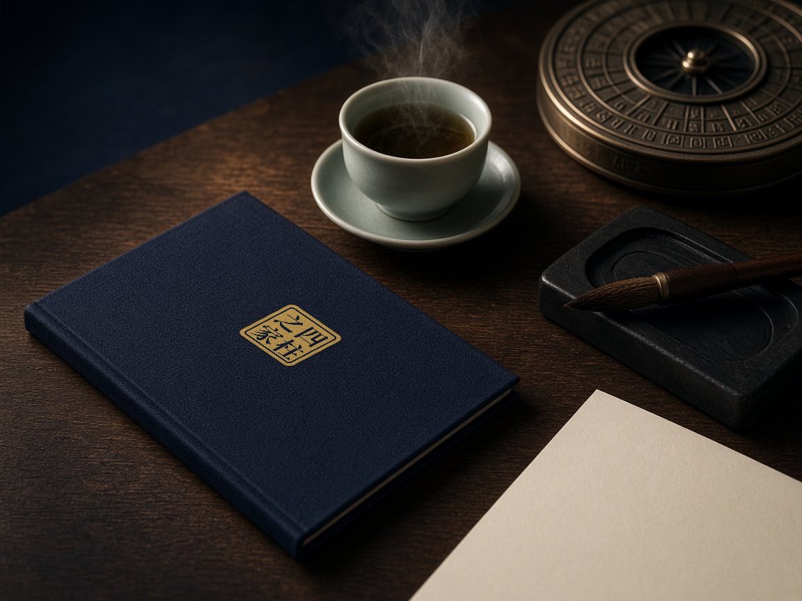 A navy report cover with the gold House of Four Pillars seal, beside a cup of tea and a luopan