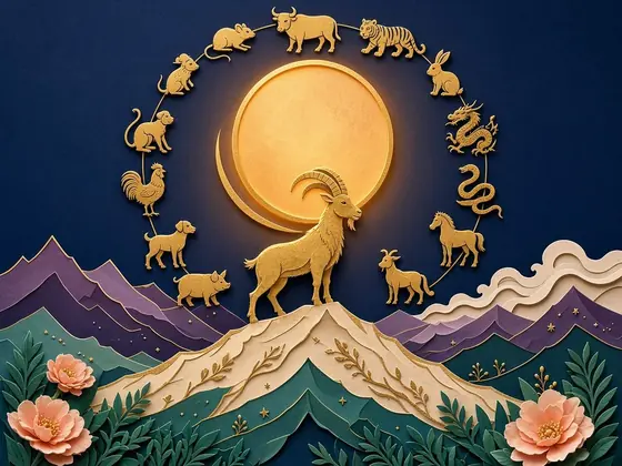 Paper-cut gold goat on a mountain under a full moon, ringed by the twelve zodiac animals, on midnight navy