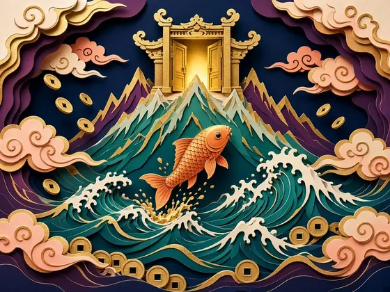 Paper-cut golden carp leaping toward a gate on a mountain, among clouds and coins, in navy and gold