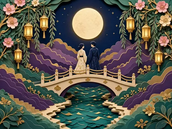 Paper-cut couple on a moonlit bridge between lanterns and blossom, in navy and gold