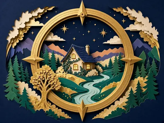 Paper-cut cottage by a winding stream inside a gold compass ring, under a starry navy sky